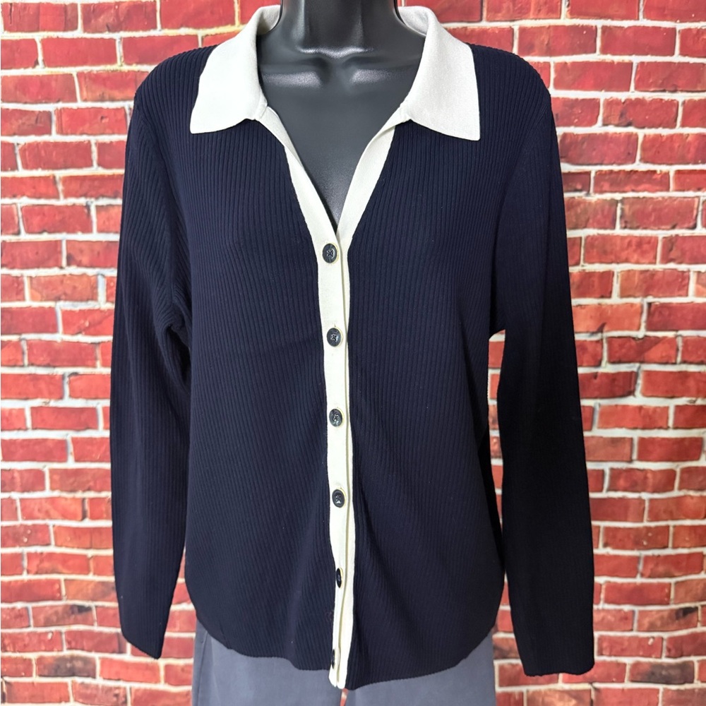 Talbots XL Navy Blue Ivory Contrast Collar Ribbed Cardigan Sweater